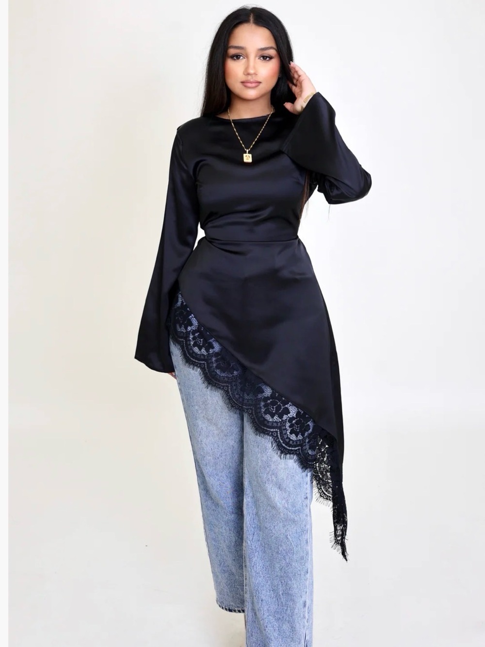 Modest Barbie Satin Asymmetric Lace Trim Nara high low Top